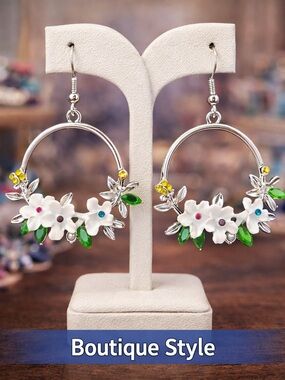 Paparazzi Floral Hoop Earrings White Flowers Green Leaves 1.5”